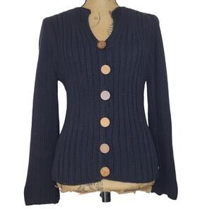 Pure Handknit 100% Black Cotton Wide Ribbed Knit Wood Buttons Cardigan Size S/M